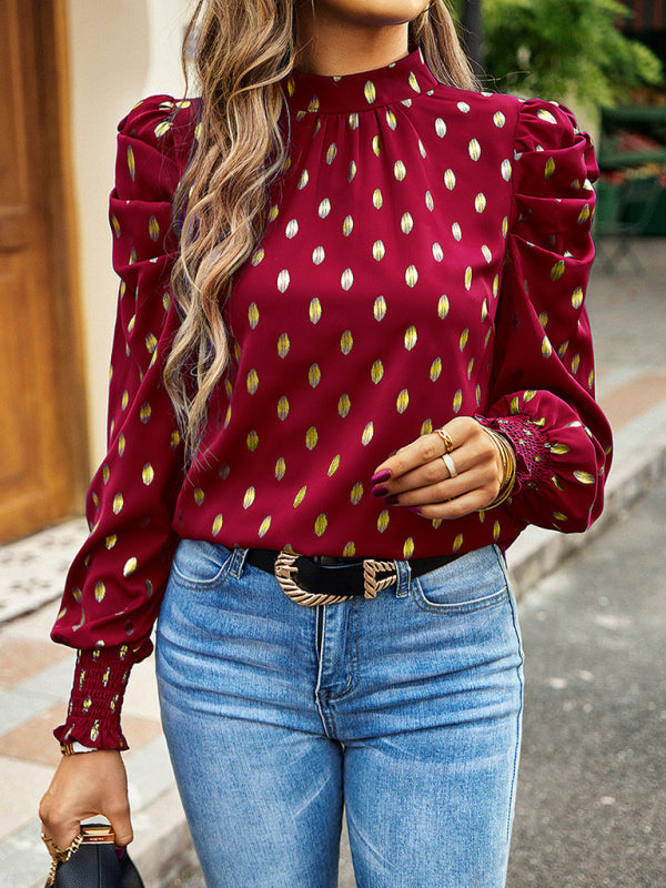 Blue Zone Planet | Gold Dot Print Temperament commuting round neck long-sleeved blouse BLUE ZONE PLANET