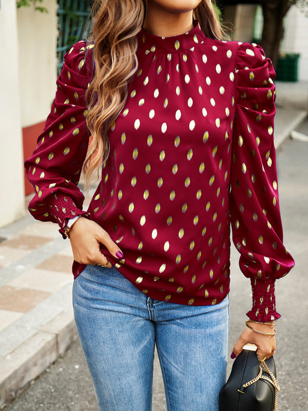 Blue Zone Planet | Gold Dot Print Temperament commuting round neck long-sleeved blouse BLUE ZONE PLANET