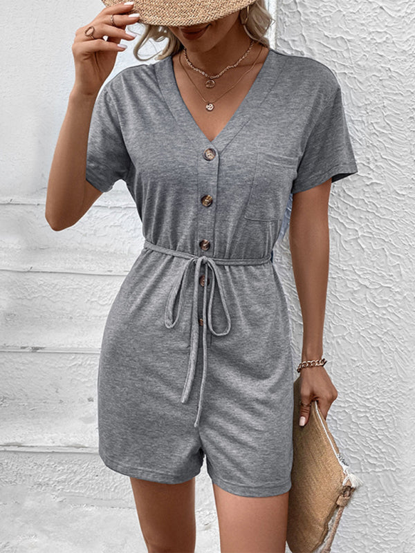 elegant solid color v-neck jumpsuit BLUE ZONE PLANET
