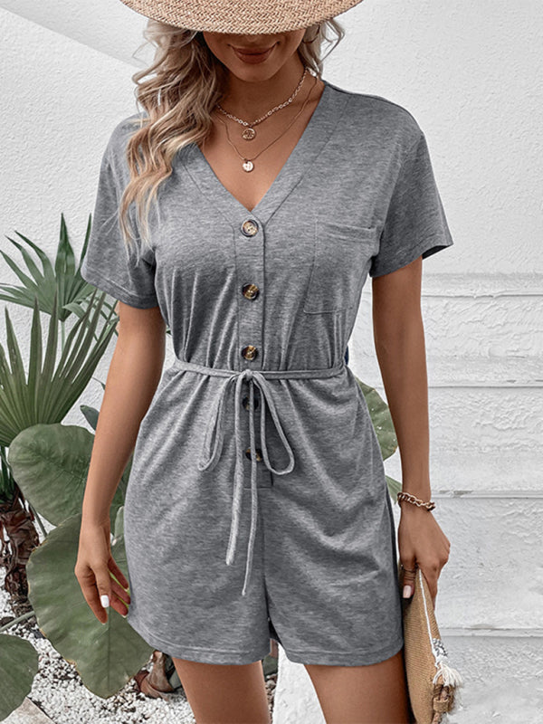 elegant solid color v-neck jumpsuit BLUE ZONE PLANET