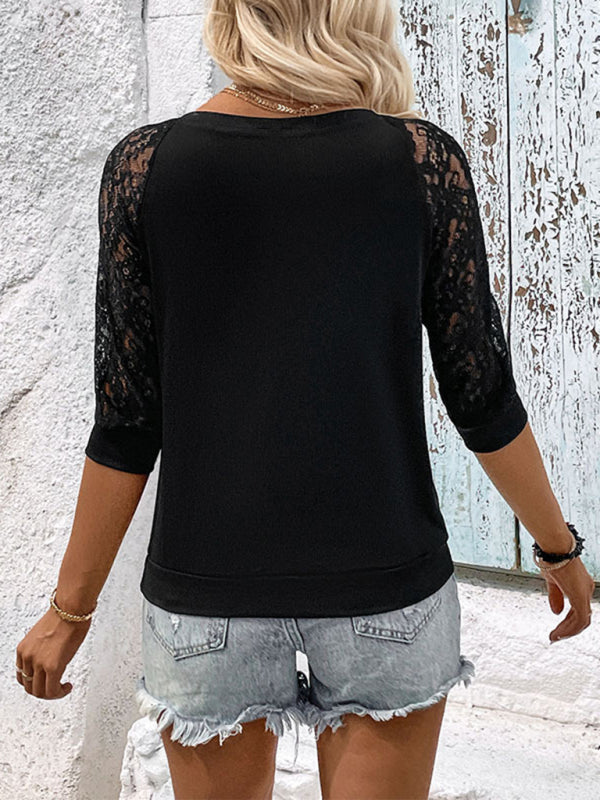 Blue Zone Planet | elegant lace stitching black top BLUE ZONE PLANET