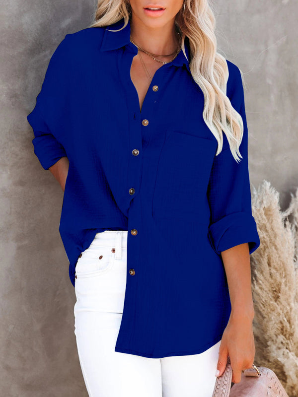 Marlena's simple long-sleeved V-neck button-down shirt BLUE ZONE PLANET