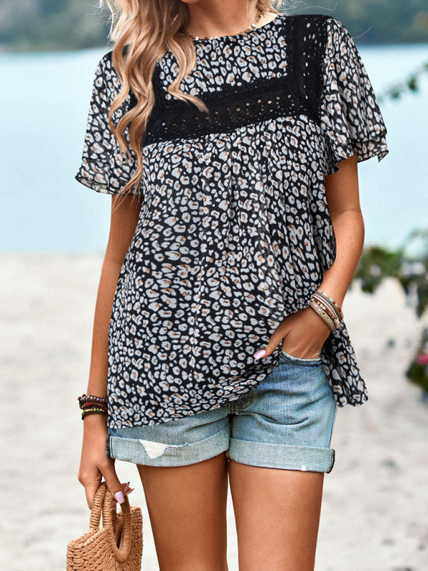 Blue Zone Planet | Elegant Floral Round Neck Short Sleeve Top BLUE ZONE PLANET