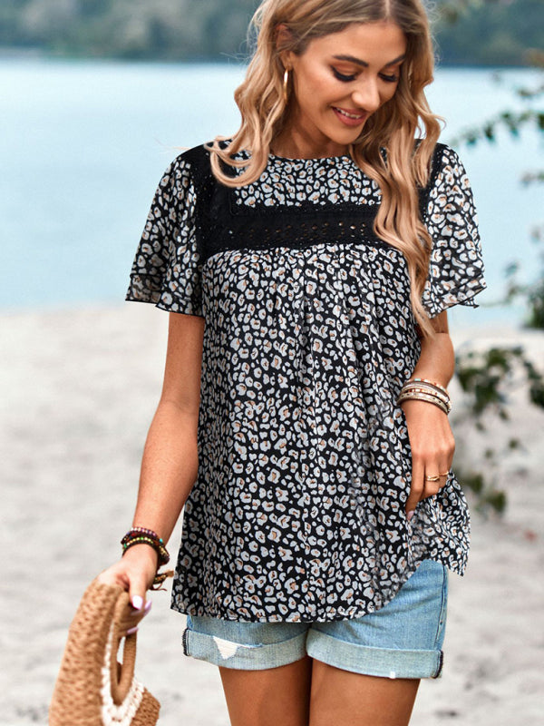 Blue Zone Planet | Elegant Floral Round Neck Short Sleeve Top BLUE ZONE PLANET
