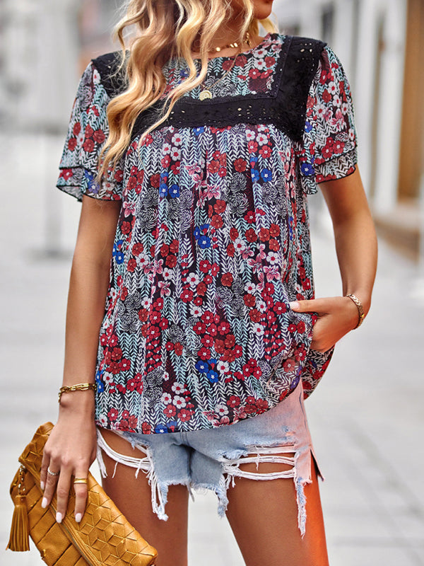 Blue Zone Planet | Elegant Floral Round Neck Short Sleeve Top BLUE ZONE PLANET