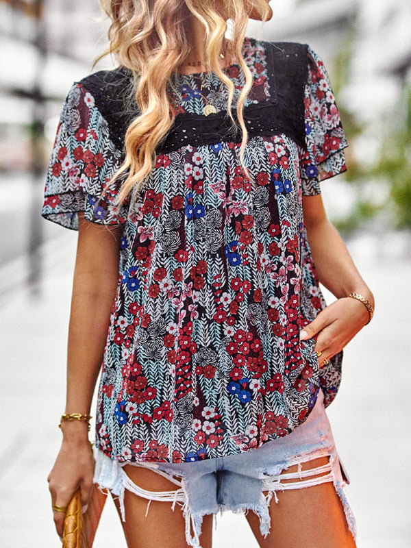 Blue Zone Planet | Elegant Floral Round Neck Short Sleeve Top BLUE ZONE PLANET