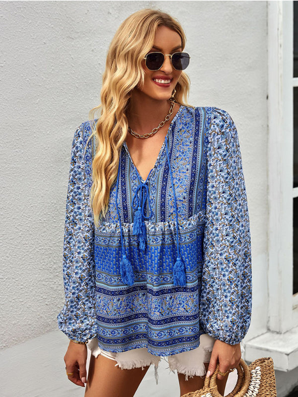 Serena's Bohemian V-Neck Tassel Detail Long Sleeved Shirt BLUE ZONE PLANET