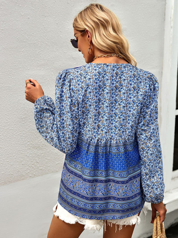 Serena's Bohemian V-Neck Tassel Detail Long Sleeved Shirt BLUE ZONE PLANET