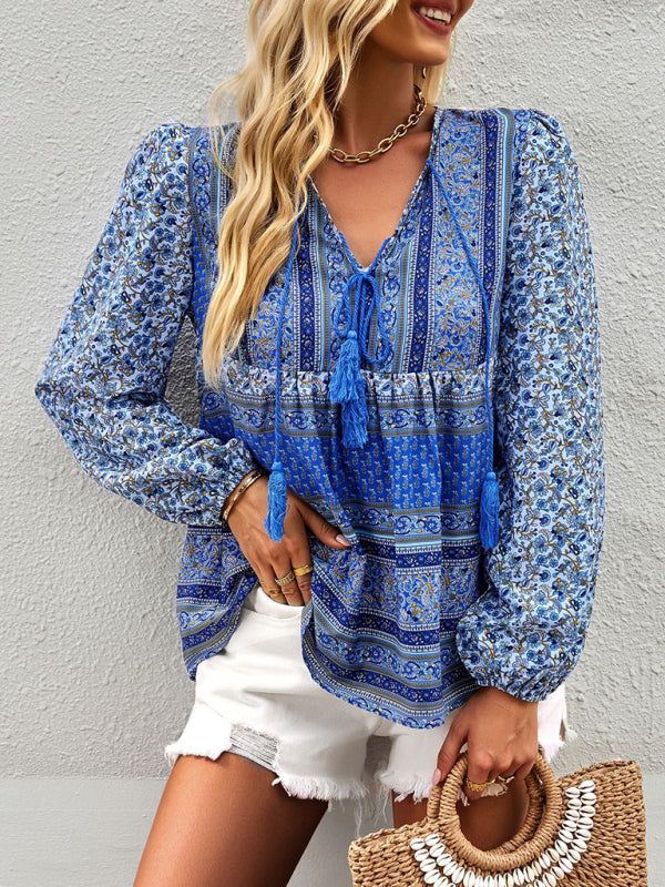 Serena's Bohemian V-Neck Tassel Detail Long Sleeved Shirt BLUE ZONE PLANET