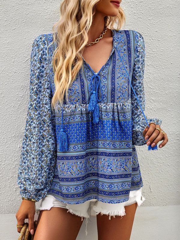 Serena's Bohemian V-Neck Tassel Detail Long Sleeved Shirt BLUE ZONE PLANET
