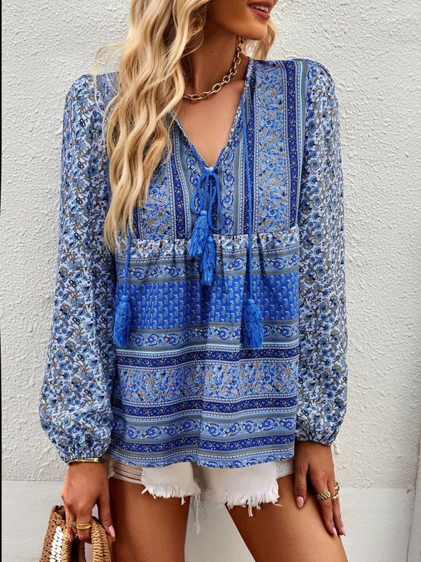 Serena's Bohemian V-Neck Tassel Detail Long Sleeved Shirt BLUE ZONE PLANET