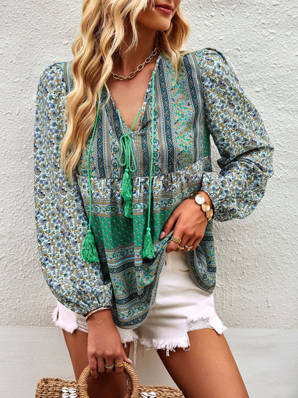 Serena's Bohemian V-Neck Tassel Detail Long Sleeved Shirt BLUE ZONE PLANET
