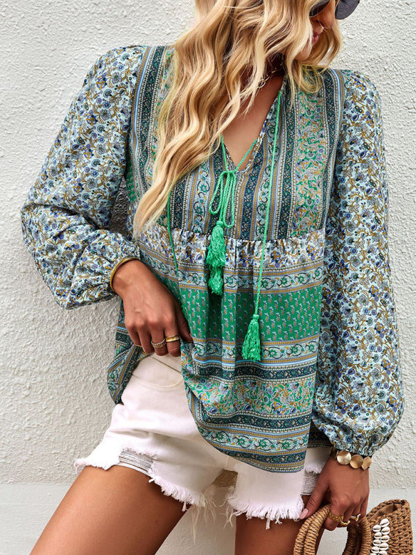Serena's Bohemian V-Neck Tassel Detail Long Sleeved Shirt BLUE ZONE PLANET