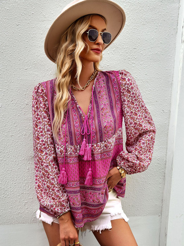 Serena's Bohemian V-Neck Tassel Detail Long Sleeved Shirt BLUE ZONE PLANET