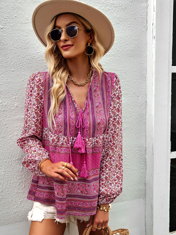 Serena's Bohemian V-Neck Tassel Detail Long Sleeved Shirt BLUE ZONE PLANET