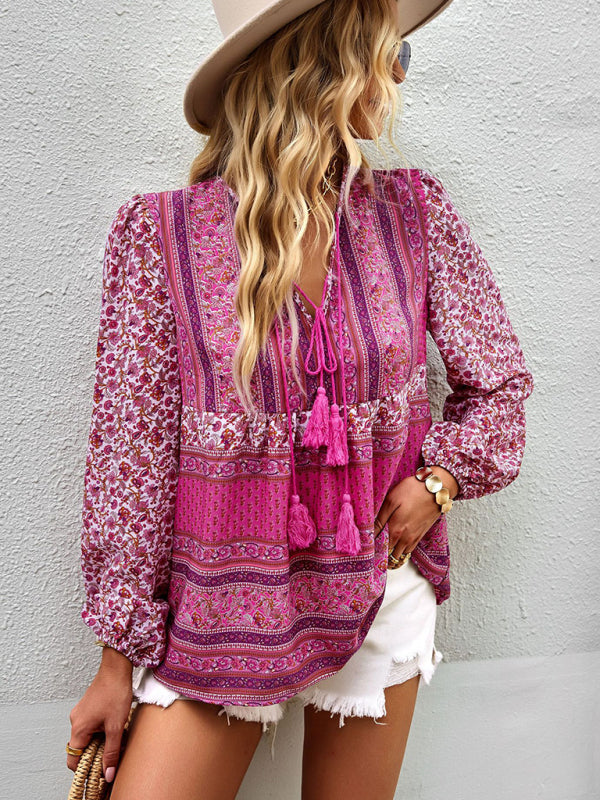Serena's Bohemian V-Neck Tassel Detail Long Sleeved Shirt BLUE ZONE PLANET