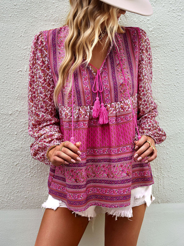 Serena's Bohemian V-Neck Tassel Detail Long Sleeved Shirt BLUE ZONE PLANET