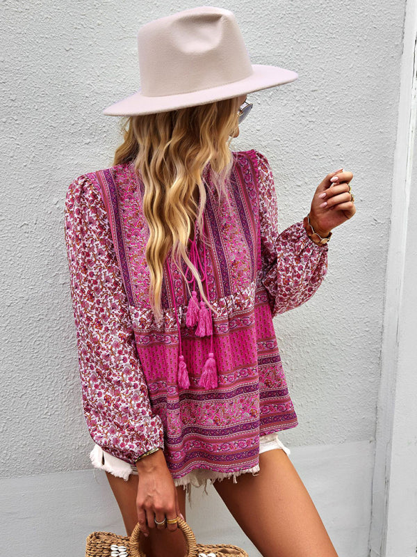 Serena's Bohemian V-Neck Tassel Detail Long Sleeved Shirt BLUE ZONE PLANET