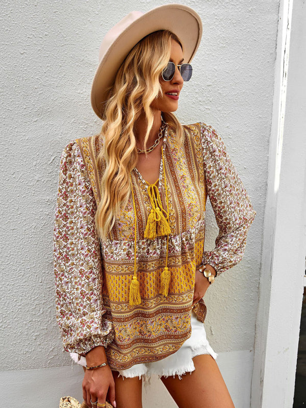 Serena's Bohemian V-Neck Tassel Detail Long Sleeved Shirt BLUE ZONE PLANET