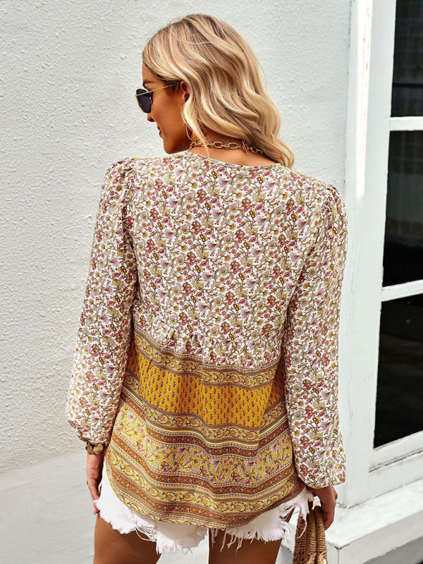 Serena's Bohemian V-Neck Tassel Detail Long Sleeved Shirt BLUE ZONE PLANET