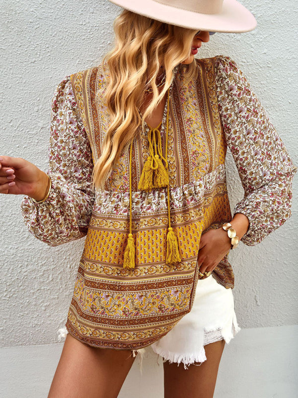 Serena's Bohemian V-Neck Tassel Detail Long Sleeved Shirt BLUE ZONE PLANET
