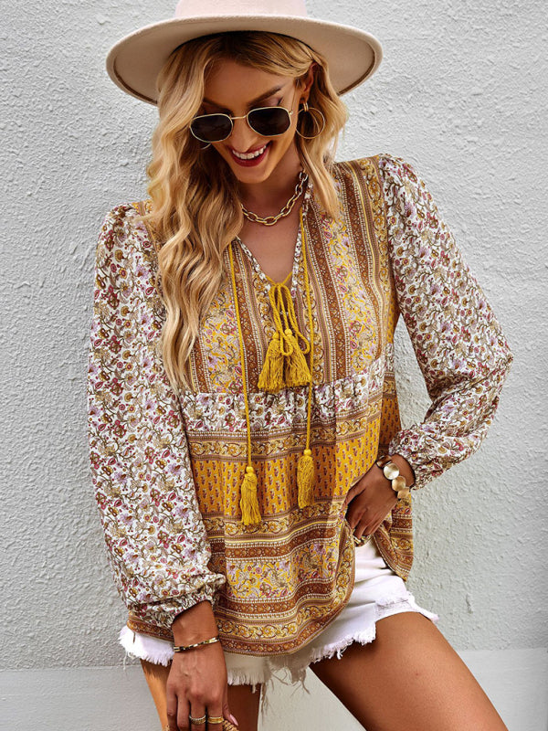 Serena's Bohemian V-Neck Tassel Detail Long Sleeved Shirt BLUE ZONE PLANET