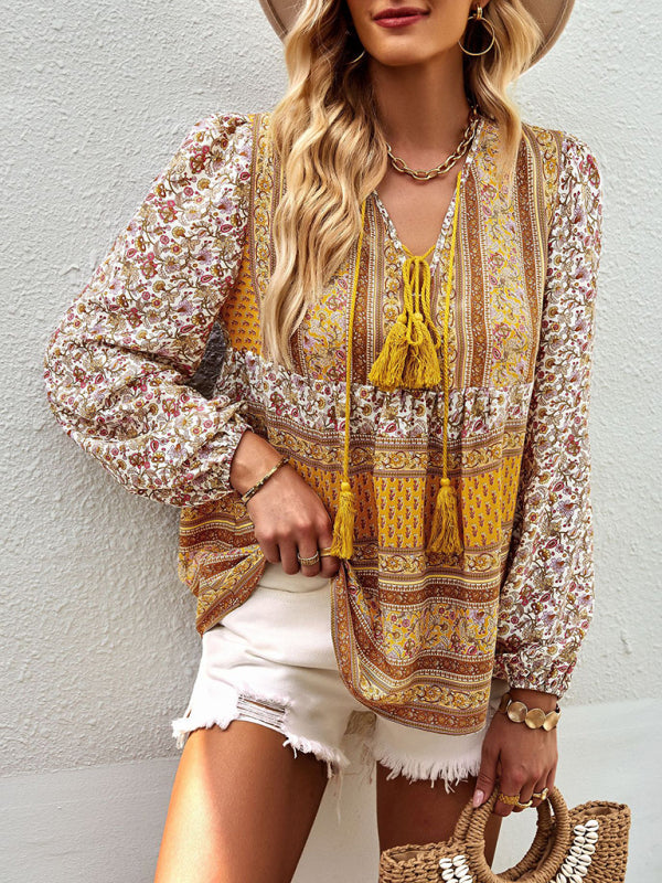 Serena's Bohemian V-Neck Tassel Detail Long Sleeved Shirt BLUE ZONE PLANET