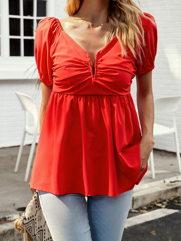 Blue Zone Planet | style solid color shirt commuter V-neck short-sleeved top BLUE ZONE PLANET