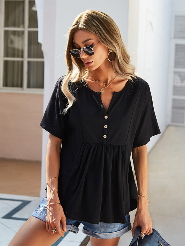 Blue Zone Planet | V-neck solid color babydoll short-sleeved T-shirt BLUE ZONE PLANET
