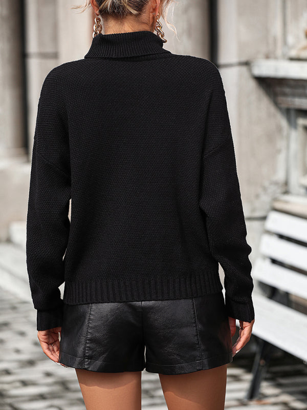 Loose Fringed Sweater Knit Turtleneck Sweater BLUE ZONE PLANET
