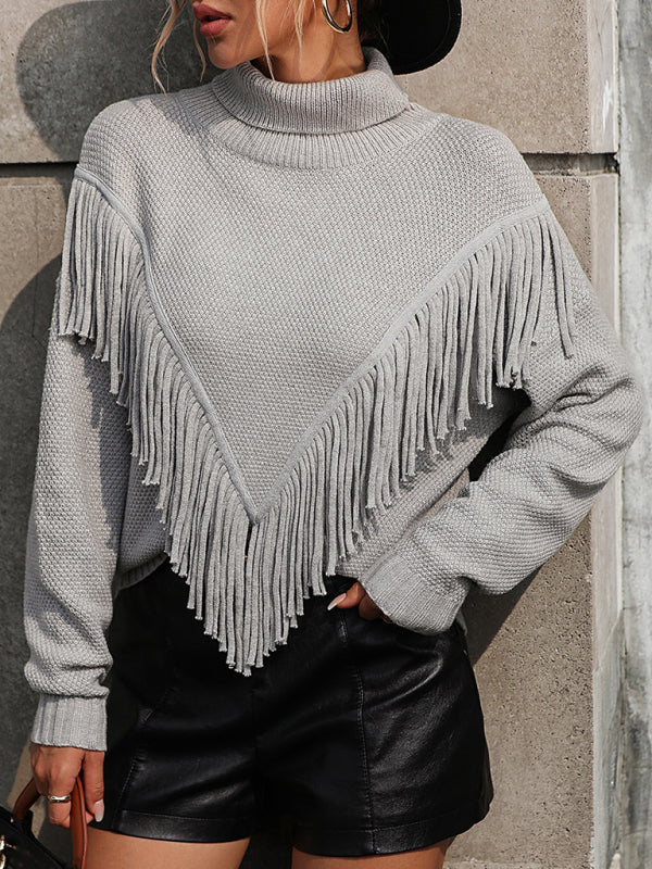 Loose Fringed Sweater Knit Turtleneck Sweater BLUE ZONE PLANET