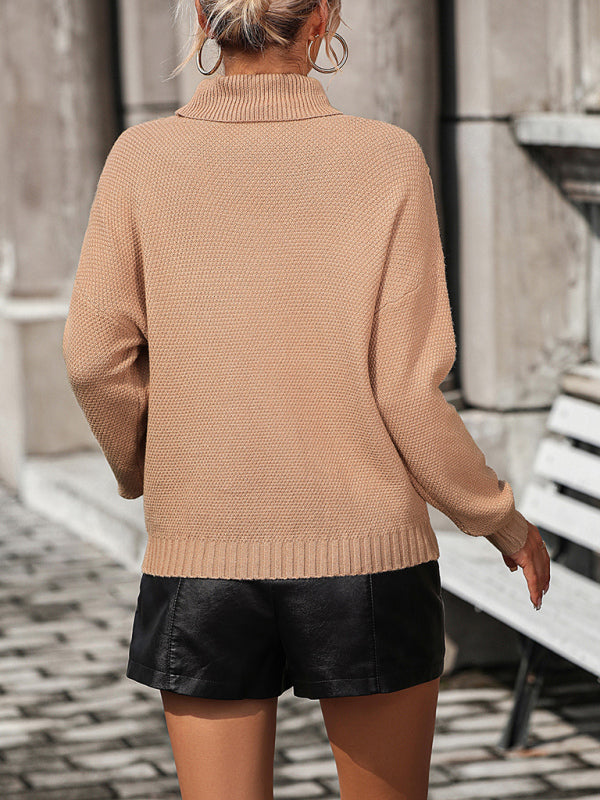 Loose Fringed Sweater Knit Turtleneck Sweater BLUE ZONE PLANET