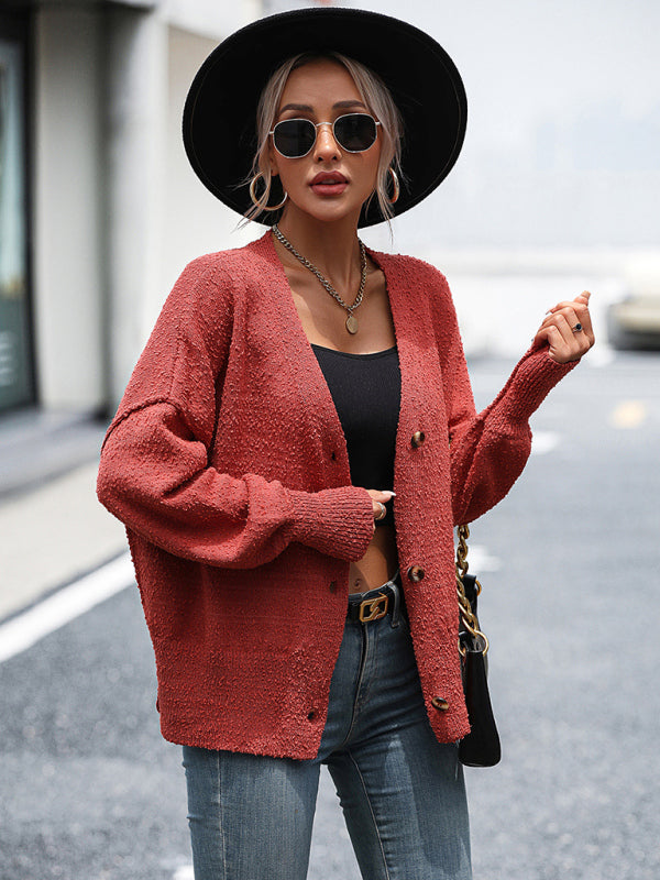 Blue Zone Planet | V-neck button solid color knitted cardigan coat sweater BLUE ZONE PLANET