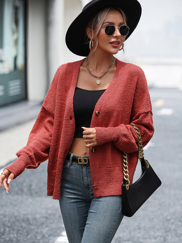 Blue Zone Planet | V-neck button solid color knitted cardigan coat sweater BLUE ZONE PLANET