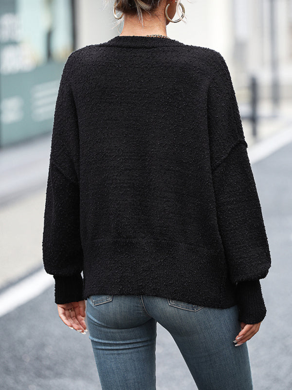 Blue Zone Planet | V-neck button solid color knitted cardigan coat sweater BLUE ZONE PLANET