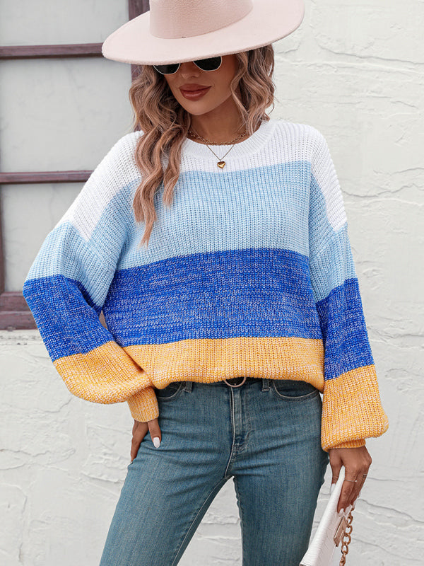 Blue Zone Planet | Color Block Crew Neck Knit Sweater BLUE ZONE PLANET