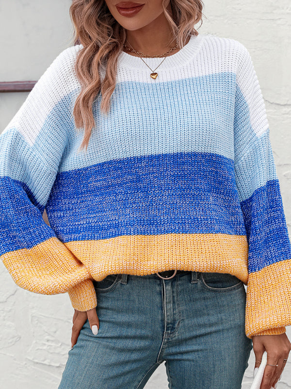 Blue Zone Planet | Color Block Crew Neck Knit Sweater BLUE ZONE PLANET