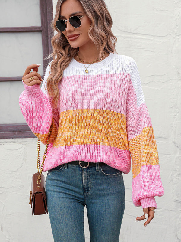 Blue Zone Planet | Color Block Crew Neck Knit Sweater BLUE ZONE PLANET