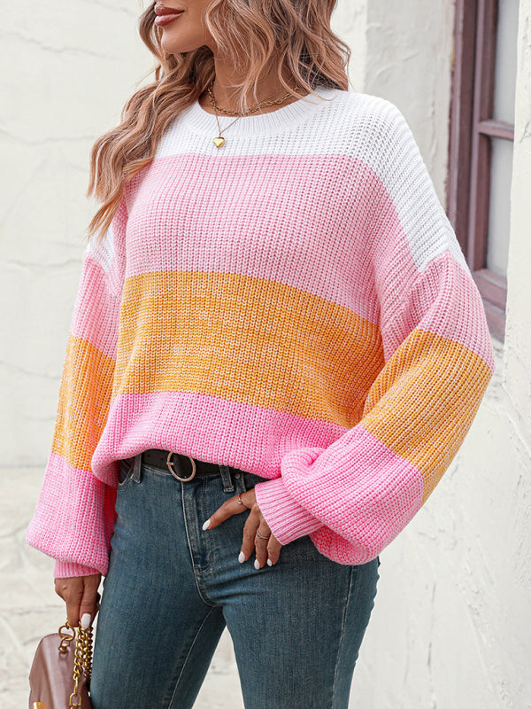 Blue Zone Planet | Color Block Crew Neck Knit Sweater BLUE ZONE PLANET