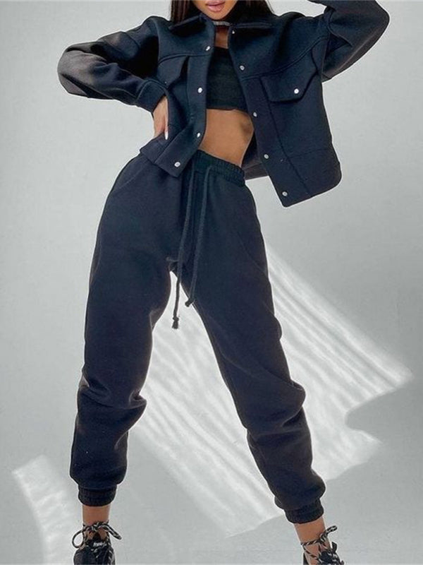 Solid color women's jacket jacket casual trousers suit long-sleeved jacket sweater two-piece suit kakaclo