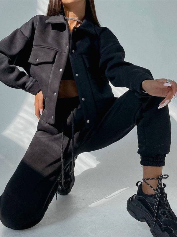 Solid color women's jacket jacket casual trousers suit long-sleeved jacket sweater two-piece suit kakaclo