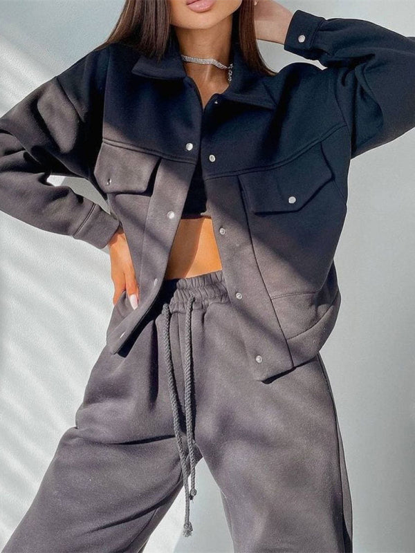 Solid color women's jacket jacket casual trousers suit long-sleeved jacket sweater two-piece suit kakaclo