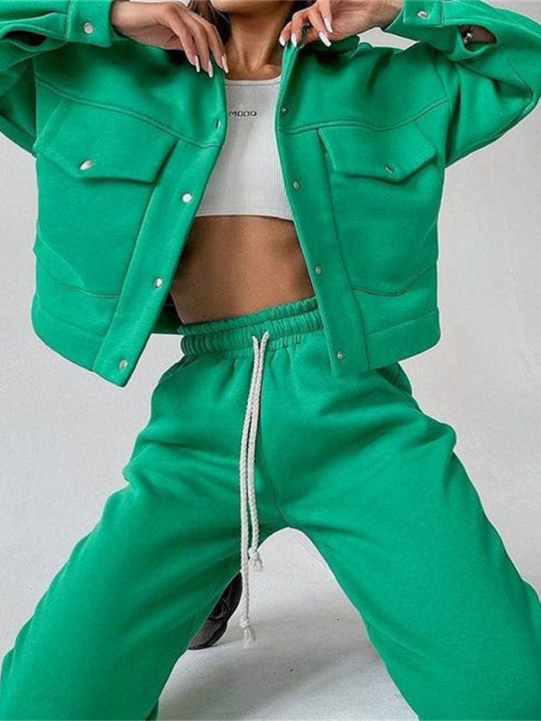 Solid color women's jacket jacket casual trousers suit long-sleeved jacket sweater two-piece suit kakaclo