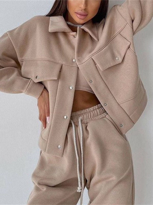 Solid color women's jacket jacket casual trousers suit long-sleeved jacket sweater two-piece suit kakaclo