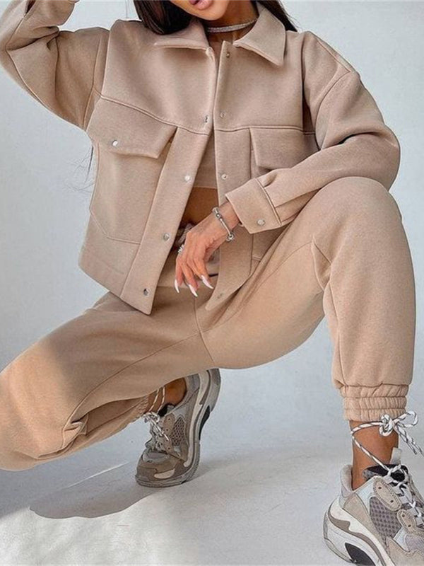 Solid color women's jacket jacket casual trousers suit long-sleeved jacket sweater two-piece suit kakaclo