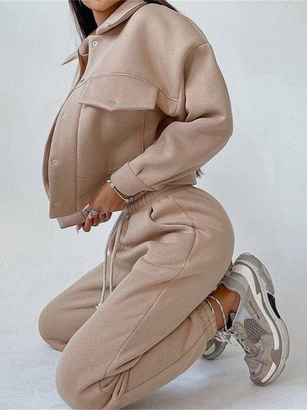 Solid color women's jacket jacket casual trousers suit long-sleeved jacket sweater two-piece suit kakaclo