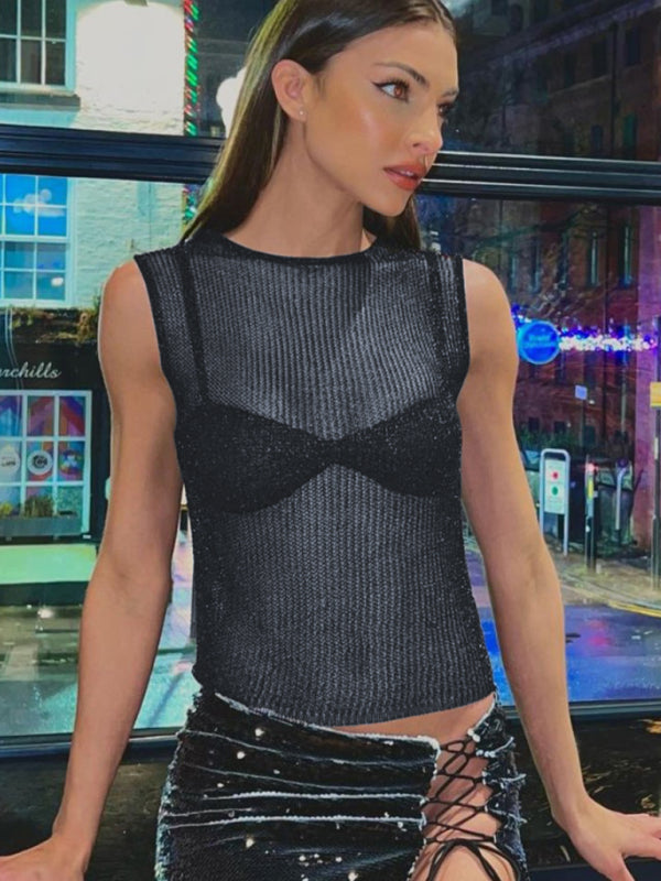 Round Neck shiny Skinny Glitter Tank Top BLUE ZONE PLANET
