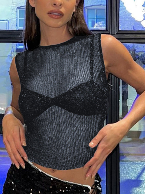 Round Neck shiny Skinny Glitter Tank Top BLUE ZONE PLANET