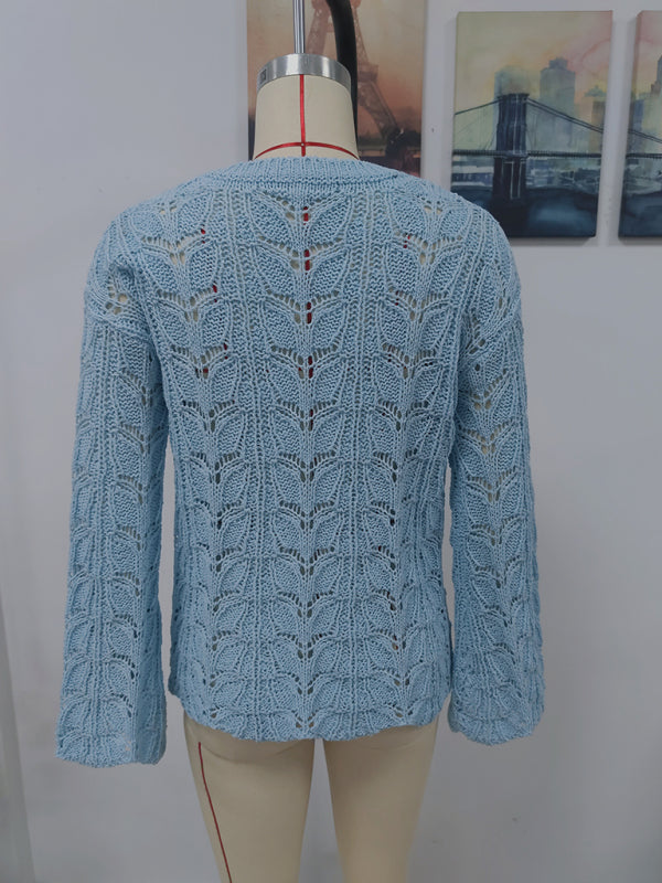 Trumpet sleeve hollow pullover round neck loose sweater women BLUE ZONE PLANET
