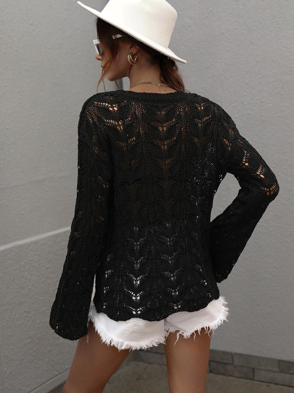 Trumpet sleeve hollow pullover round neck loose sweater women BLUE ZONE PLANET